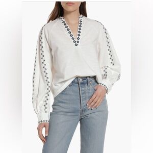 Treasure and Bond Blue Embroidered Ivory White Blouse, Size Medium
